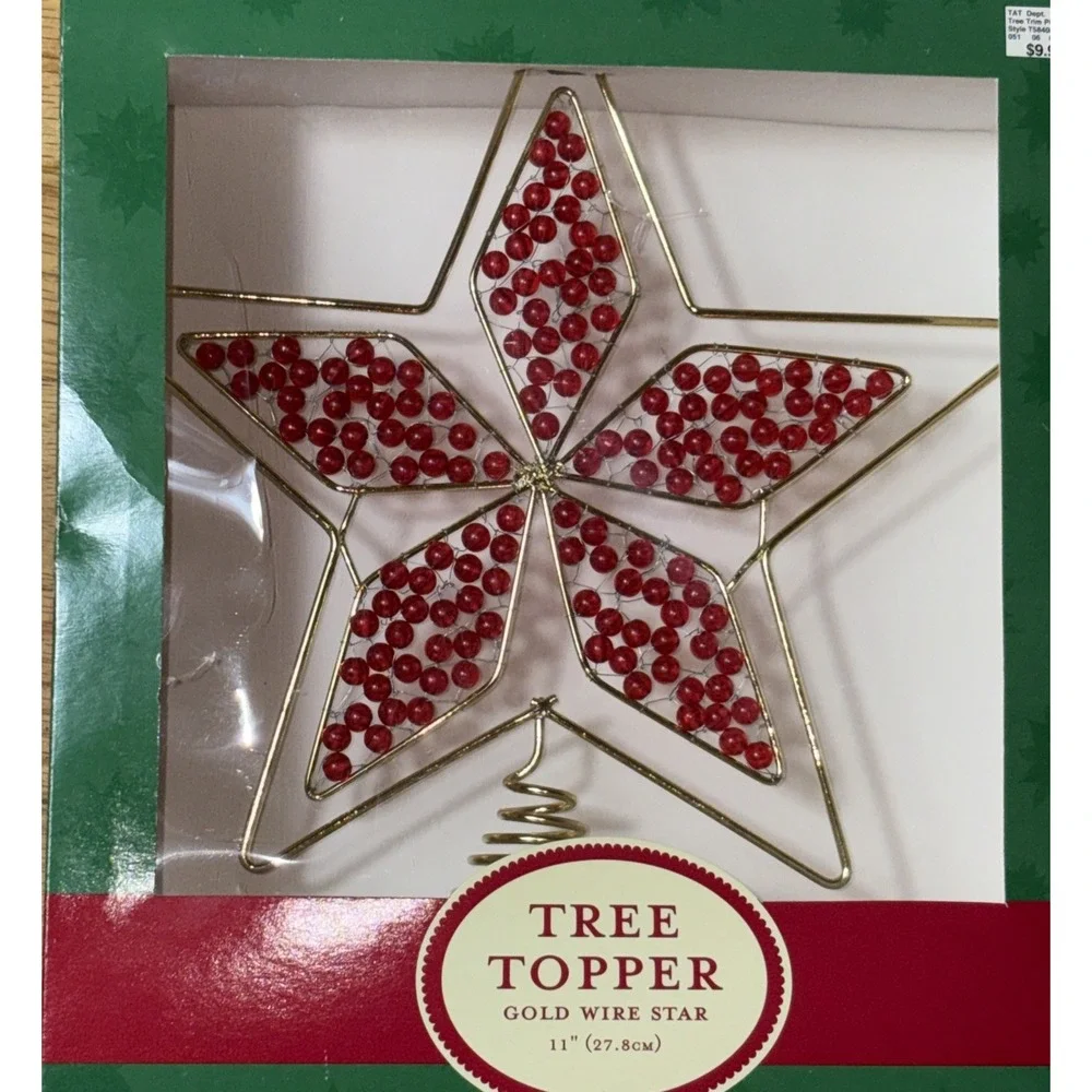 New‎ Tree Topper Gold Star Wire With Red Beads 11